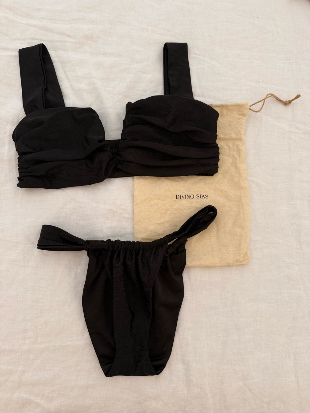 Divino Seas Black Ruched Bandeau Bikini Set with High-Leg Bottom